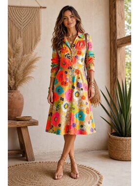 Lady Manhattan 70s Bright floral Long Sleeve Day Dress M